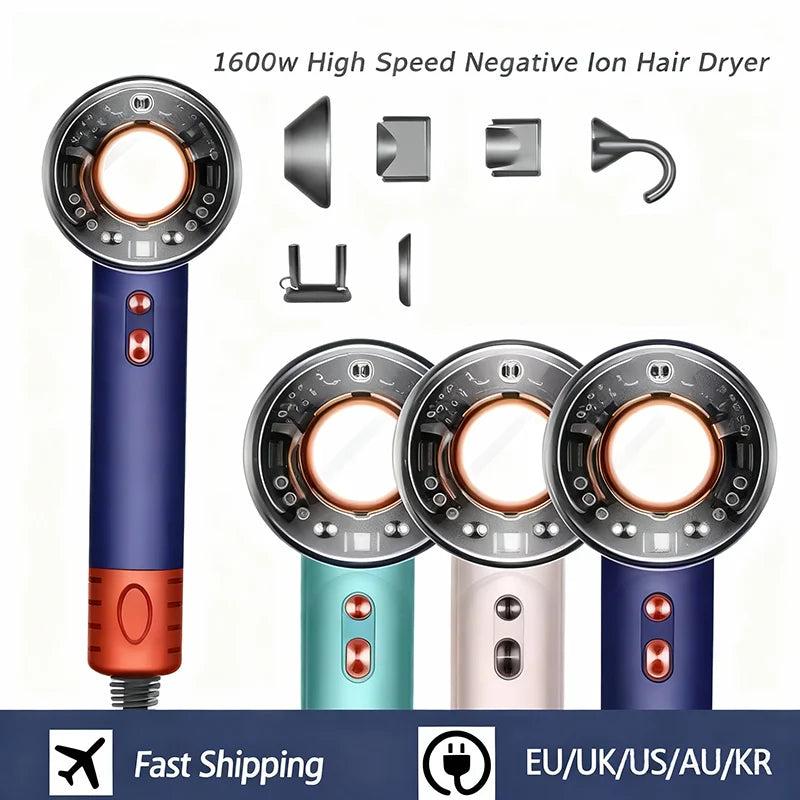 1600W leafless negative ion hair dryer with magnetic attachments in blue, pink, and teal, professional quick-dry.
