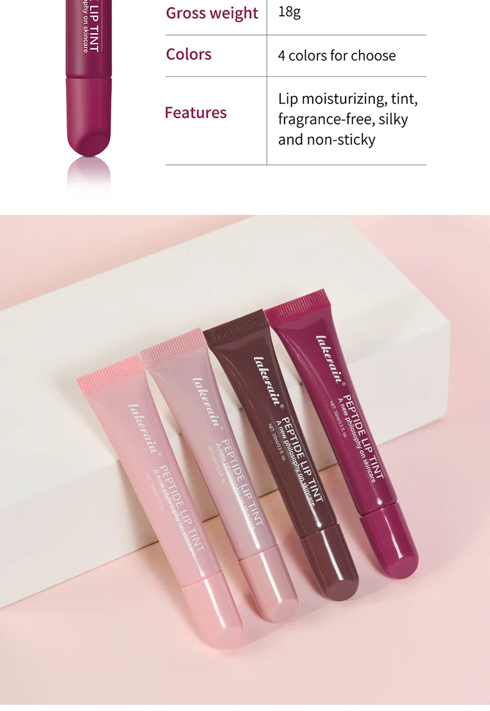 Four Lakerain hydrating peptide lip tint tubes in glossy nude and berry shades for a high-shine, non-sticky finish.