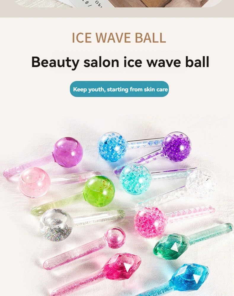 A collection of multi-colored ice globes and massagers with spherical, diamond, and glitter-filled glass designs.