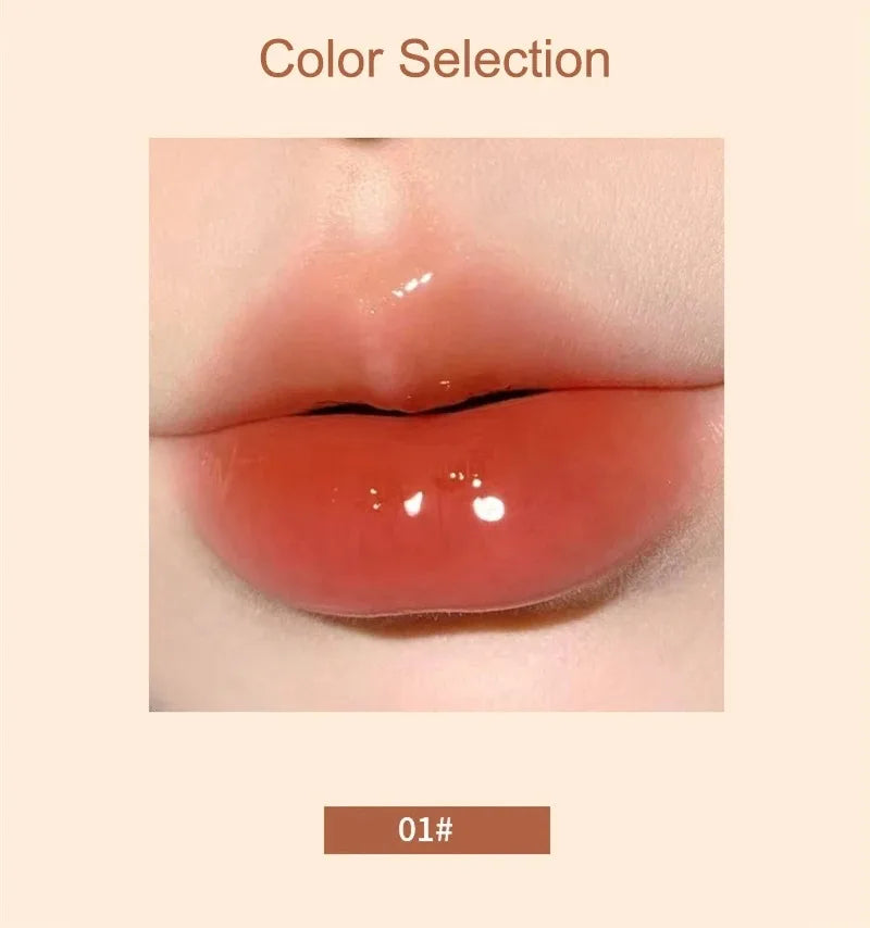 Korean jelly lip glaze in shade 01#, providing a moisturizing mirror-glass finish with a high-shine, glossy texture.