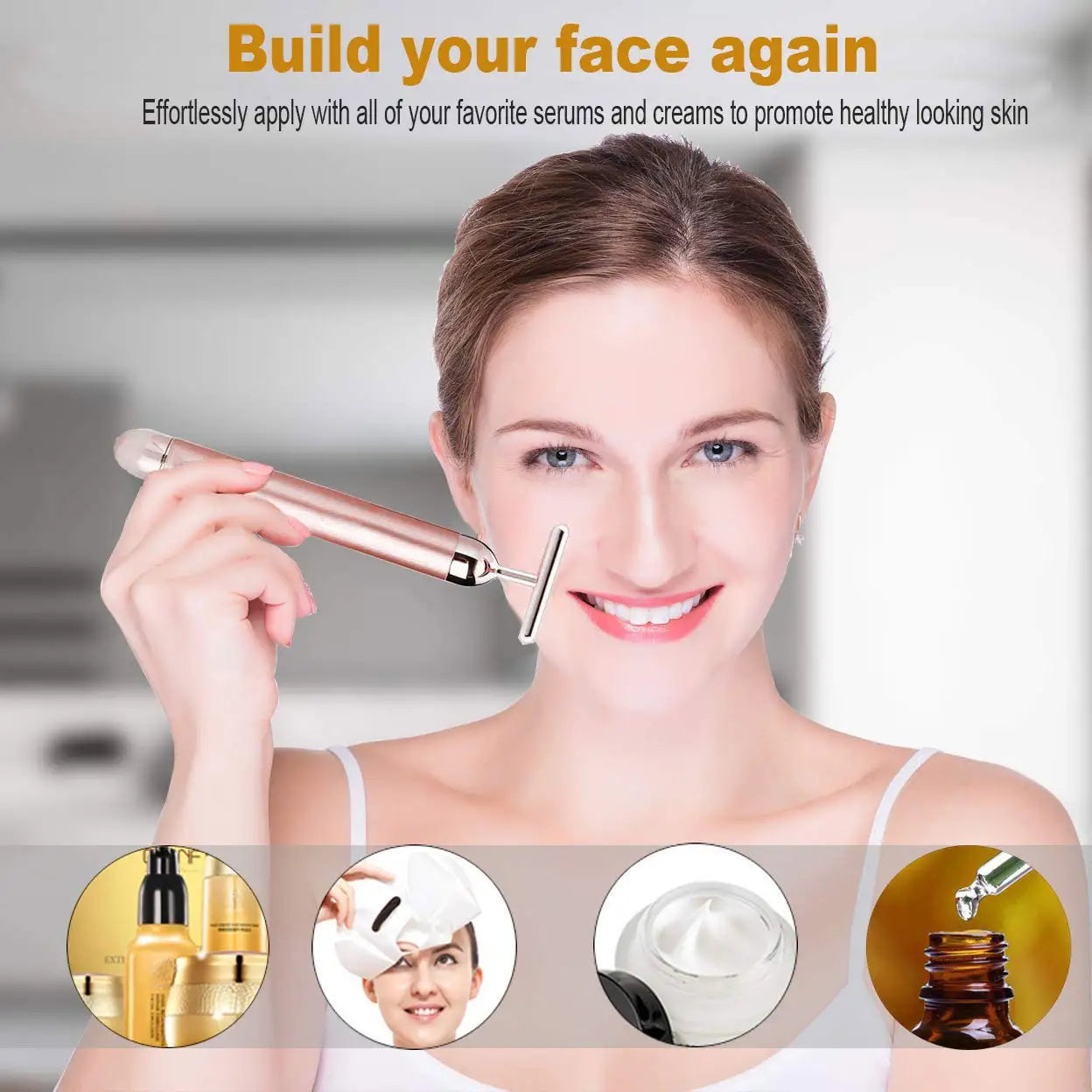 A woman holding a gold-colored T-shaped electric vibrating face massager, with circles showing skincare products.