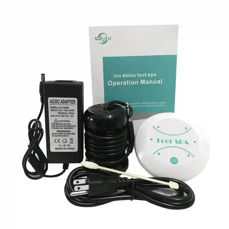 Ionic foot detox machine kit with white control unit, black ion array, AC adapter, power cord, and operation manual.