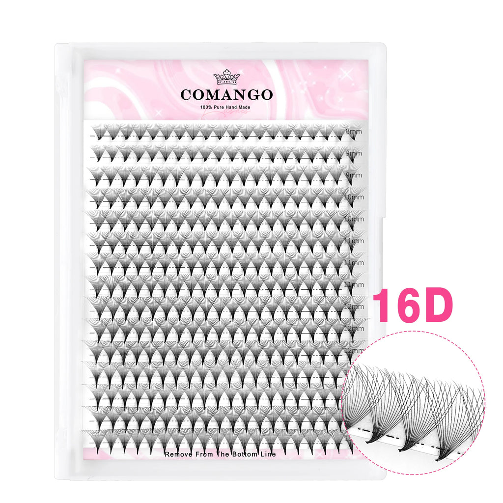 Tray of 16D black volume eyelash extension fans in assorted lengths from 8mm to 12mm, arranged in rows for application.