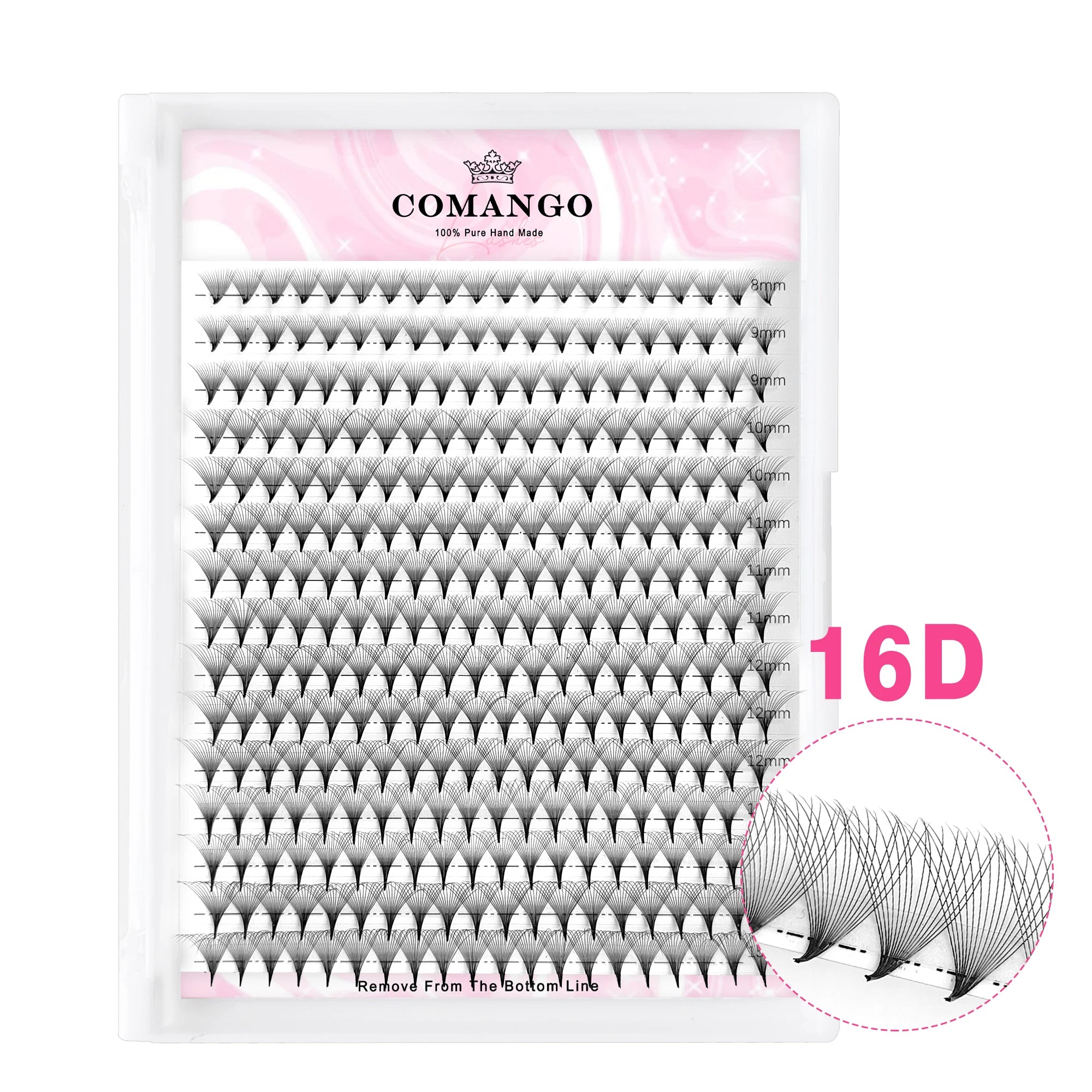 Tray of 16D black volume eyelash extension fans in assorted lengths from 8mm to 12mm, arranged in rows for application.
