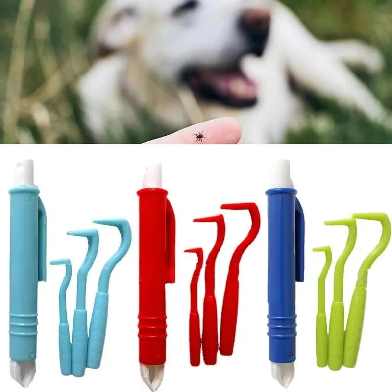 4-piece colorful plastic flea and tick removal tool kit for safe, easy parasite extraction from dogs and cats.