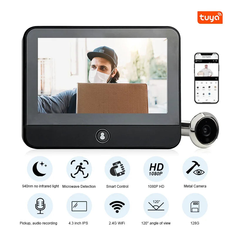 WiFi Digital Door Peephole Camera 4.3Inch Tuya Smart LIfe Eye Cat Human Detection 3MP 120°Angle Night Vision Hidden Video Viewer