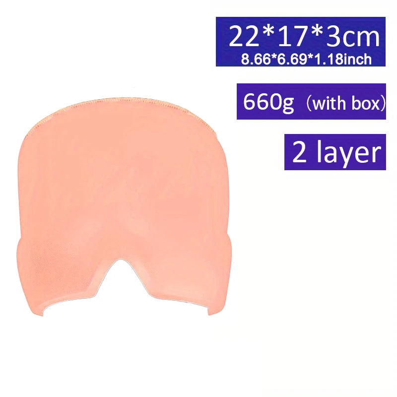 Pink gel ice pack hat for migraine and headache relief. Two-layer wearable cold compress cap for tension and stress.