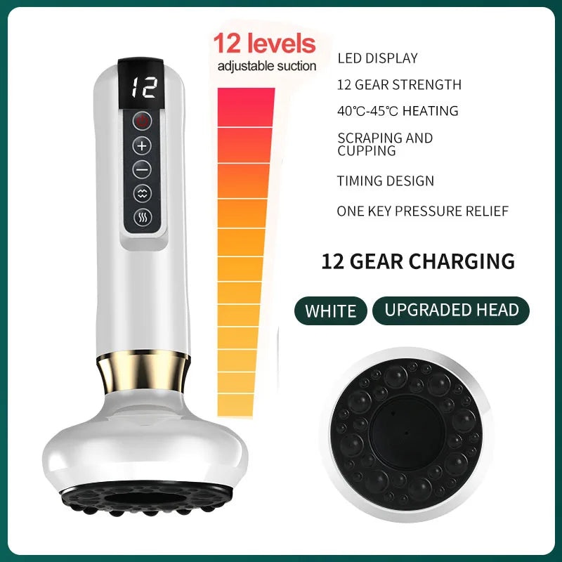 White electric vacuum cupping massager with 12 gear suction, LED display, heat therapy, and Gua Sha scraping head.
