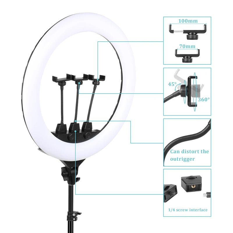 Circular LED ring light with three flexible, adjustable phone mounts for multi-device photography and streaming.