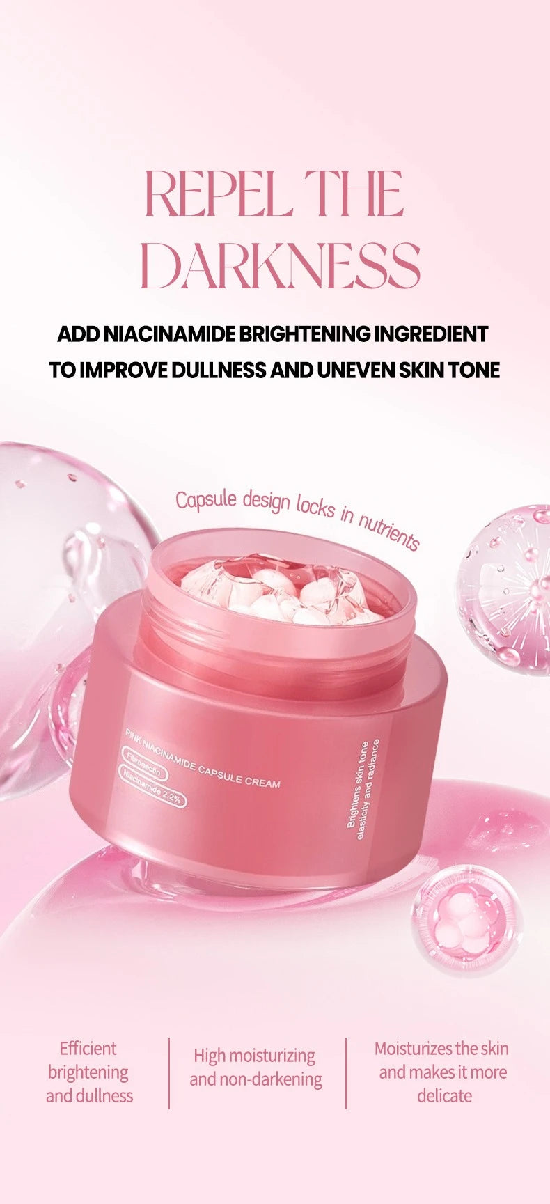 Pink jar of collagen capsule cream with translucent capsules inside, set against an abstract pink background.