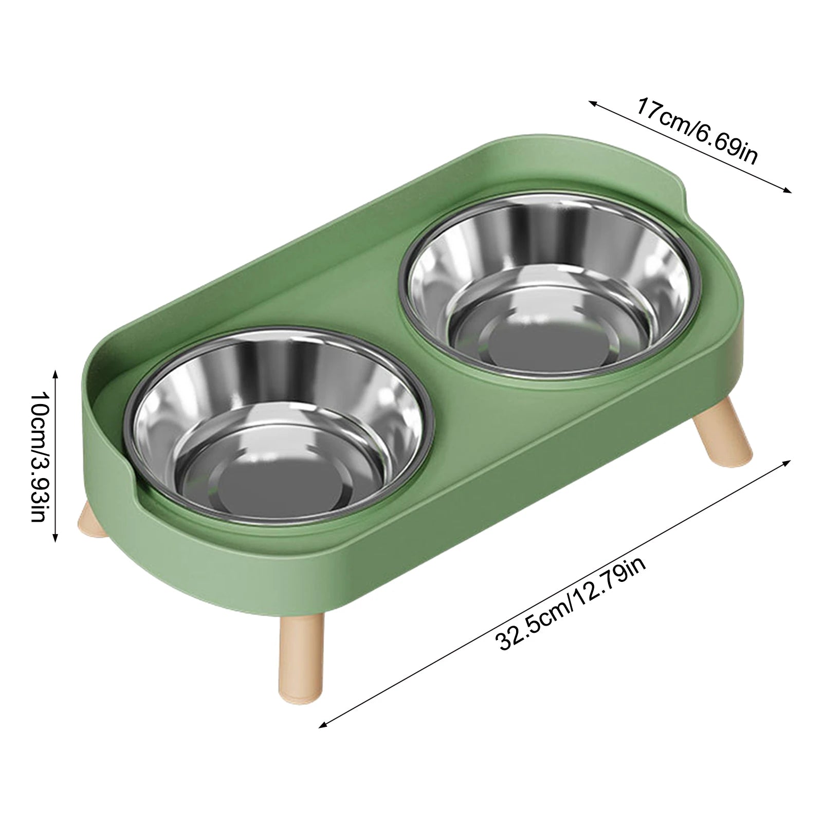 Elevated green dual pet feeder with stainless steel bowls for cervical neck protection for cats and dogs.