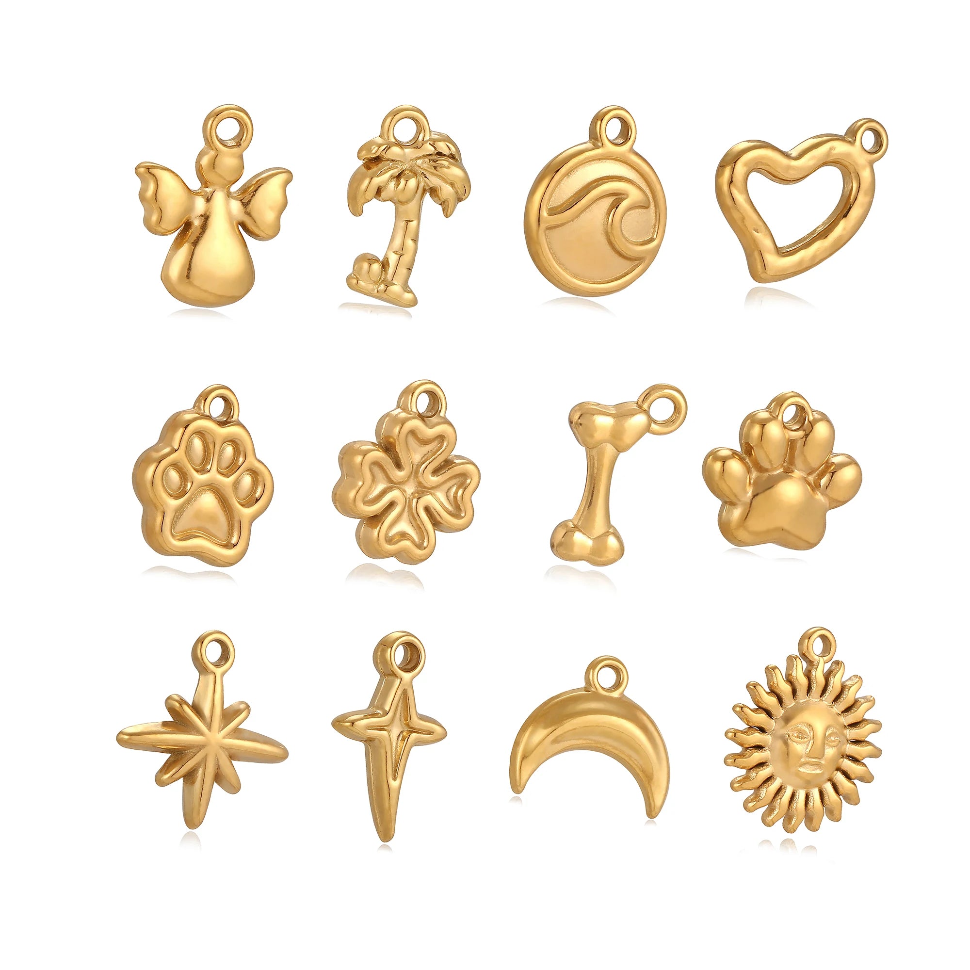 Gold stainless steel pet paw, bone, and celestial charms for DIY jewelry making and custom pet necklaces.