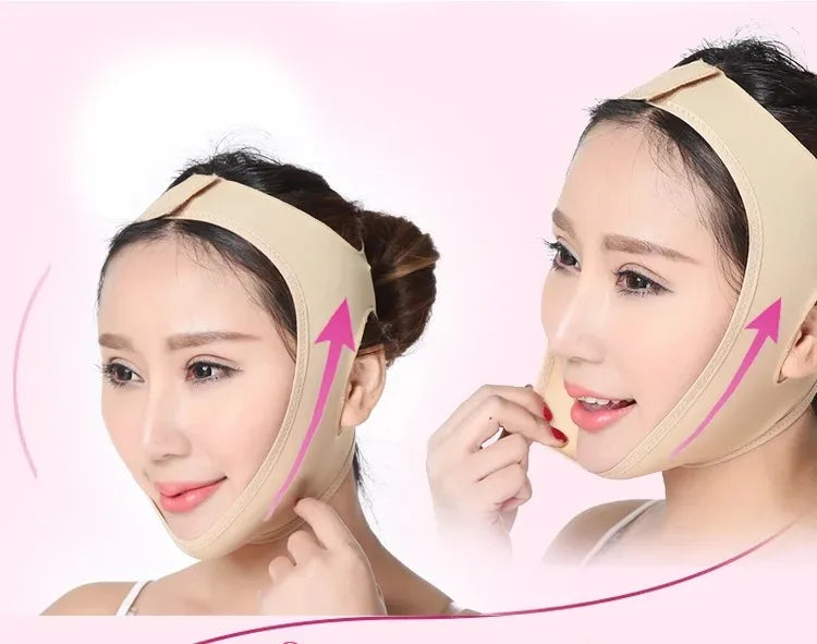 A beige elastic V-line face slimming bandage worn around the chin and cheeks, shown on two women with arrows.