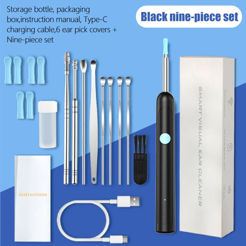 Visual Ear Wax Cleaner Camera - Digital HD Earwax Removal Kit Relaxation Treatment Black 9 piece set Tidesmit