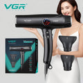 VGR V-469 professional black hair dryer with LCD display, BLDC motor, and two ionic attachments for salon-style drying.