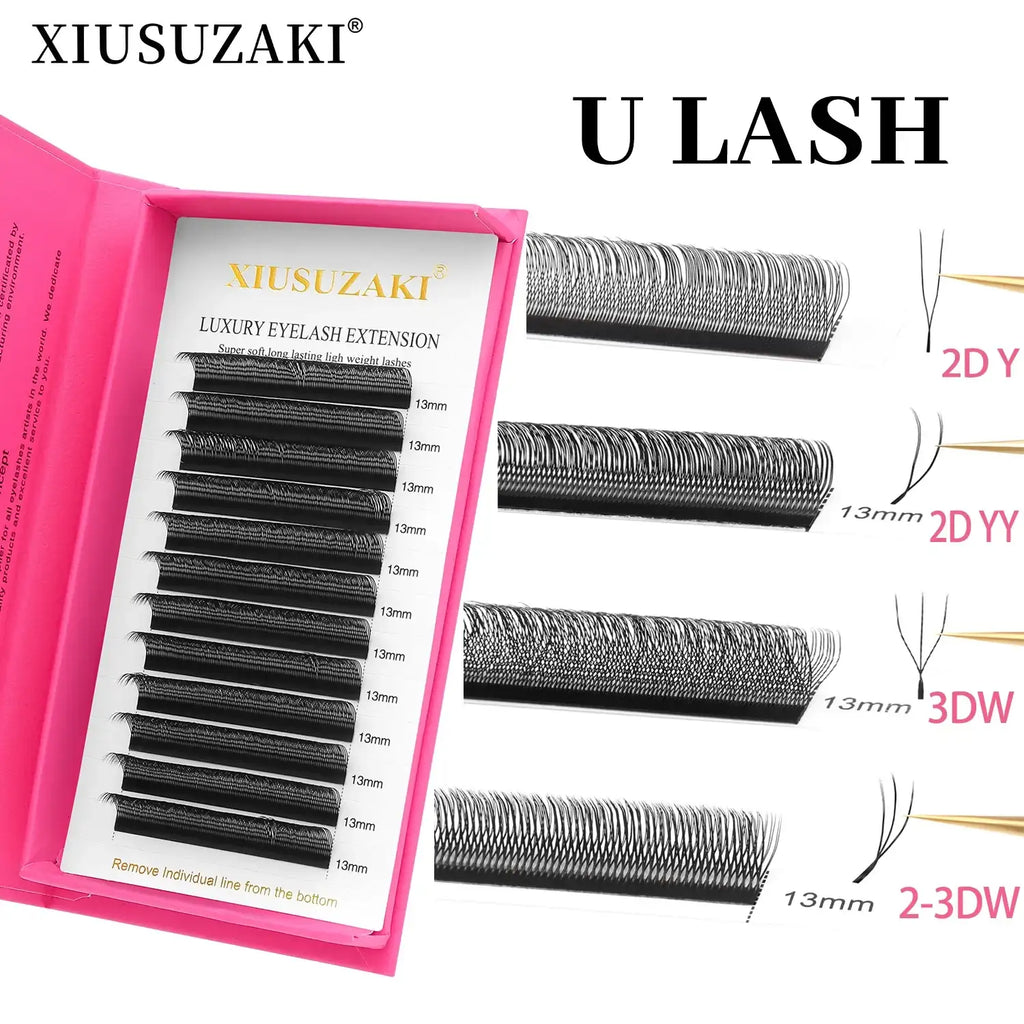 Black synthetic U lash extension tray with 13mm rows, featuring 2D, 2D YY, 3D, and 2-3D styles for volume application.