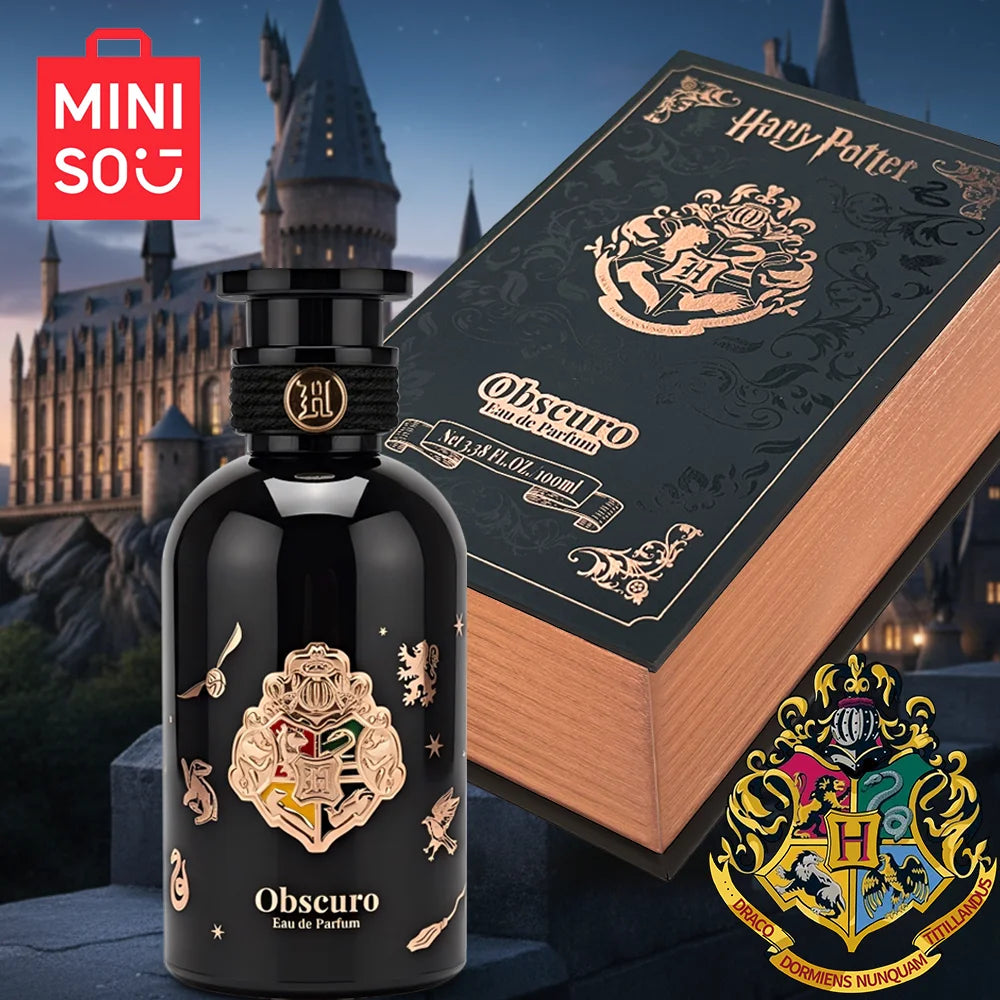 Miniso Harry Potter Obscuro Unisex Eau de Parfum. Black round bottle, woody floral scent, 100ml spray gift set.