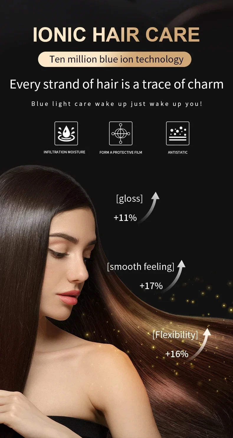 Professional 2000W ionic hair dryer for shiny, smooth hair with blue ion technology and moisture-locking heat care.