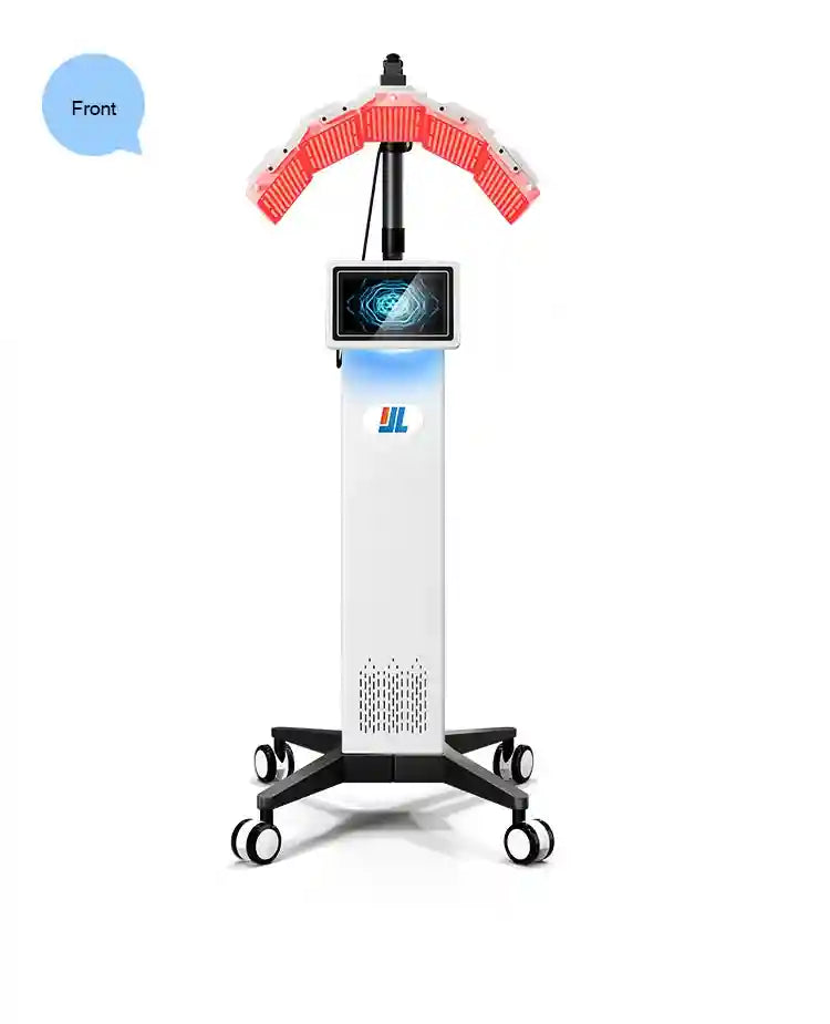 7-color LED light therapy machine with touchscreen for professional anti-aging face and body treatment on rolling stand.