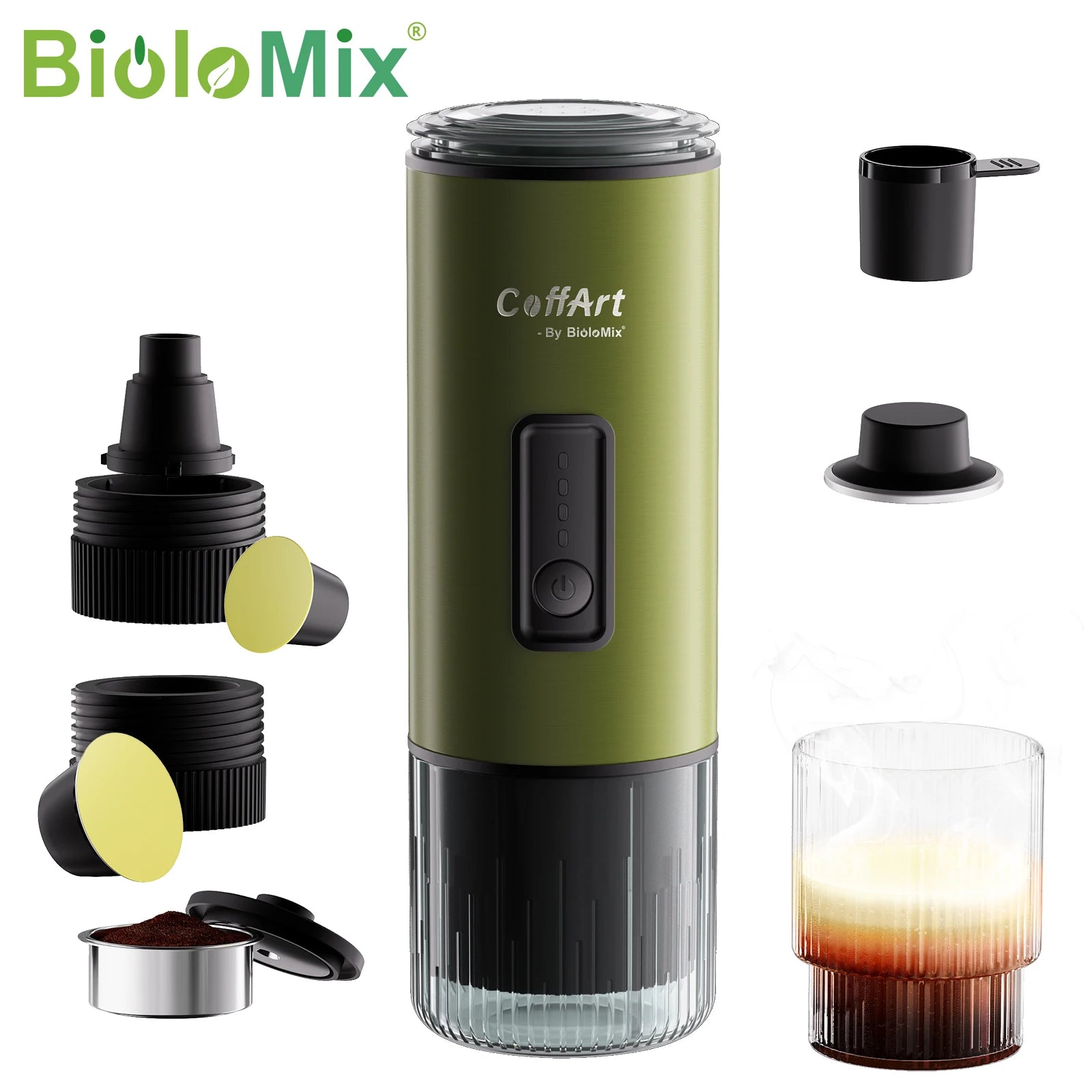 BioloMix CoffArt portable olive green espresso maker with capsule adapters, ground coffee basket, and glass cup.