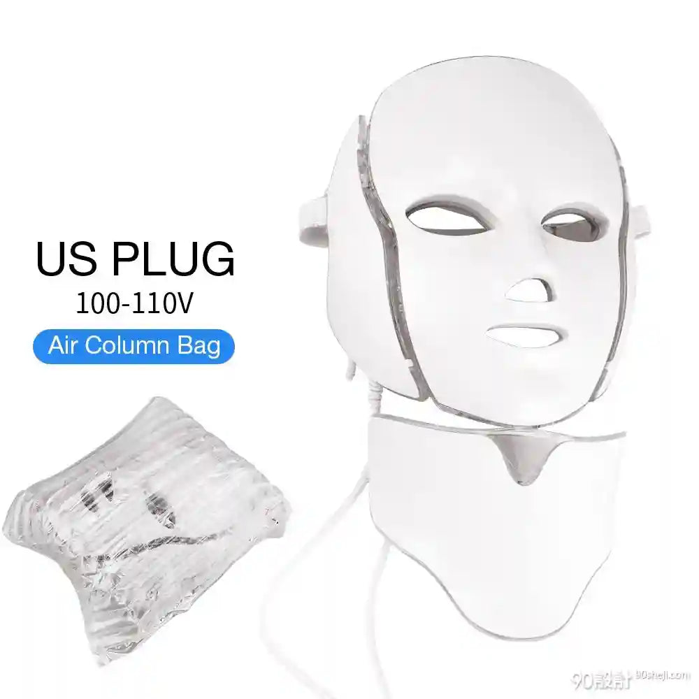 7 Color LED Facial Mask with Neck Light for Skin Rejuvenation Therapy Massage Cushion No Box US Plug Tidesmit