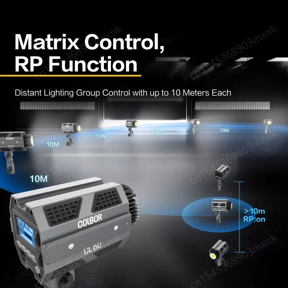 CL60 gray rectangular LED studio light for remote group control, showing a 10-meter wireless range between units.
