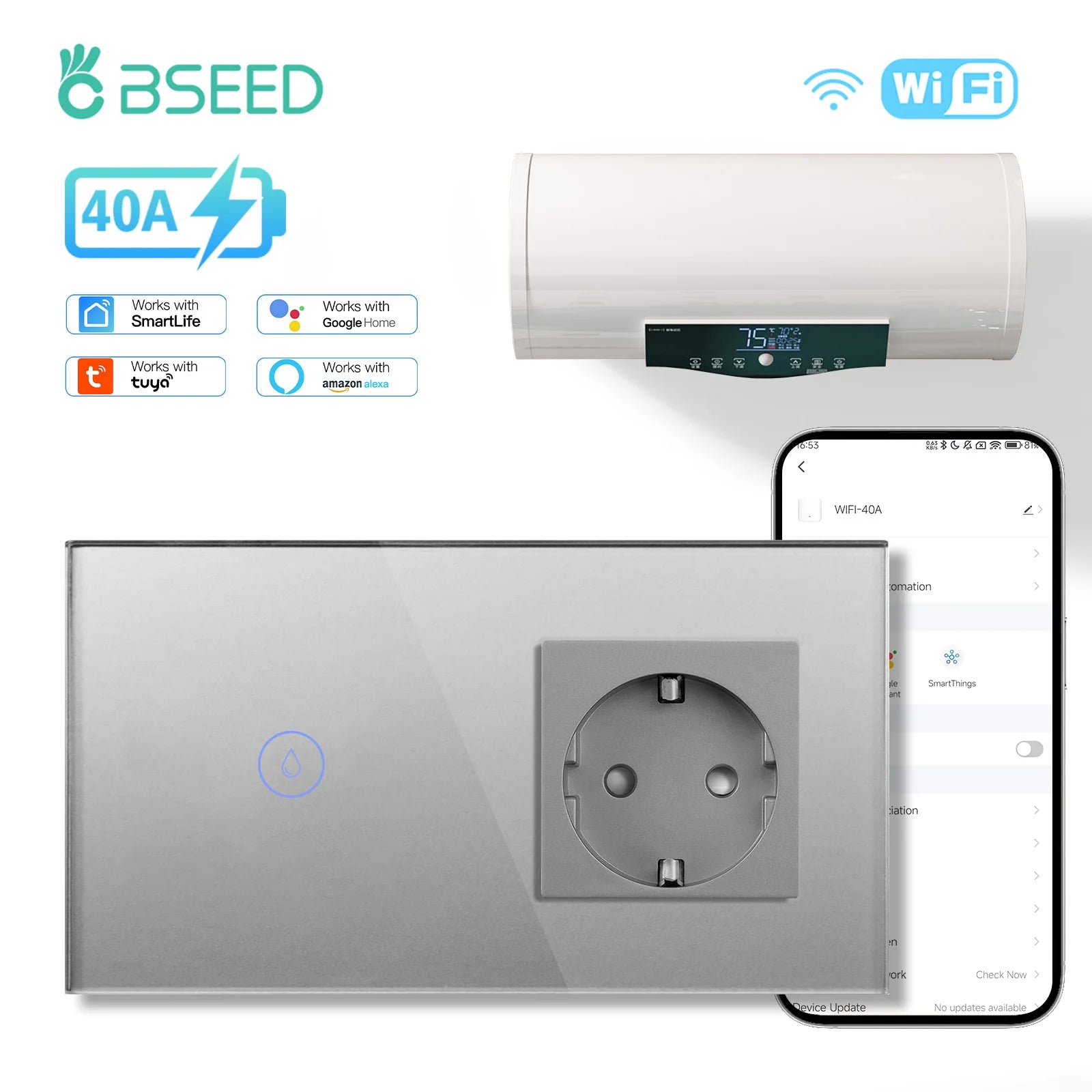 BSEED Wifi Smart Water Heater Switches Touch Boiler Switches 40A Plus EU Waterproof Socket For Kitchen Batroom Tuya Smart Life