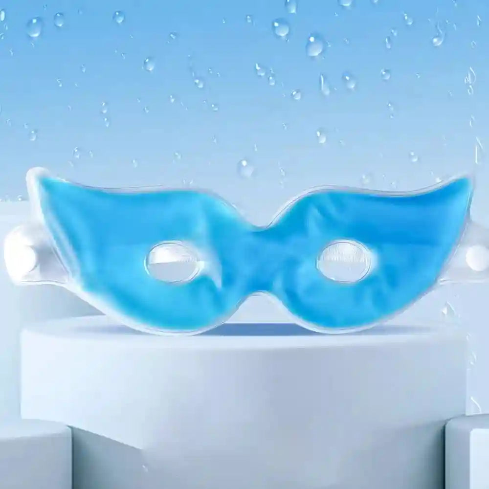 Blue gel eye mask with a transparent PVC border on a white cylindrical stand against a water-drop patterned background.