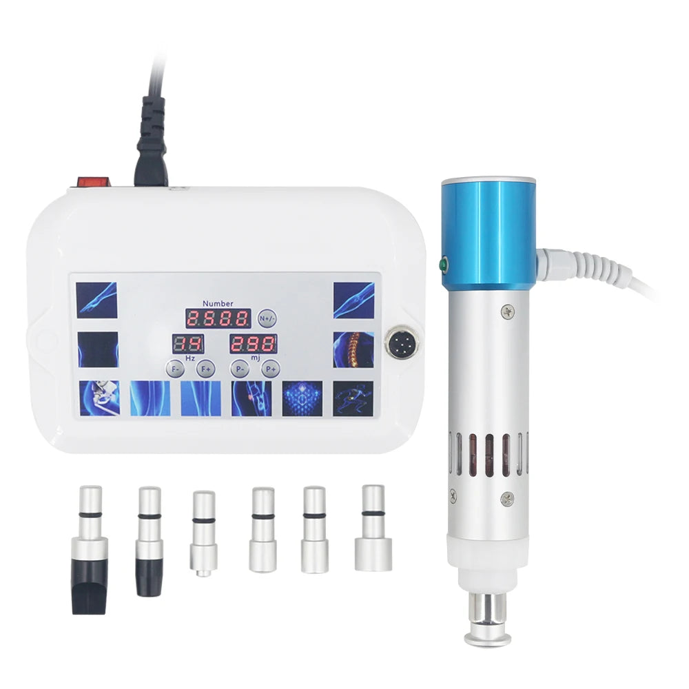Shockwave therapy device with white digital control console, blue/silver handheld applicator, and six interchangeable
