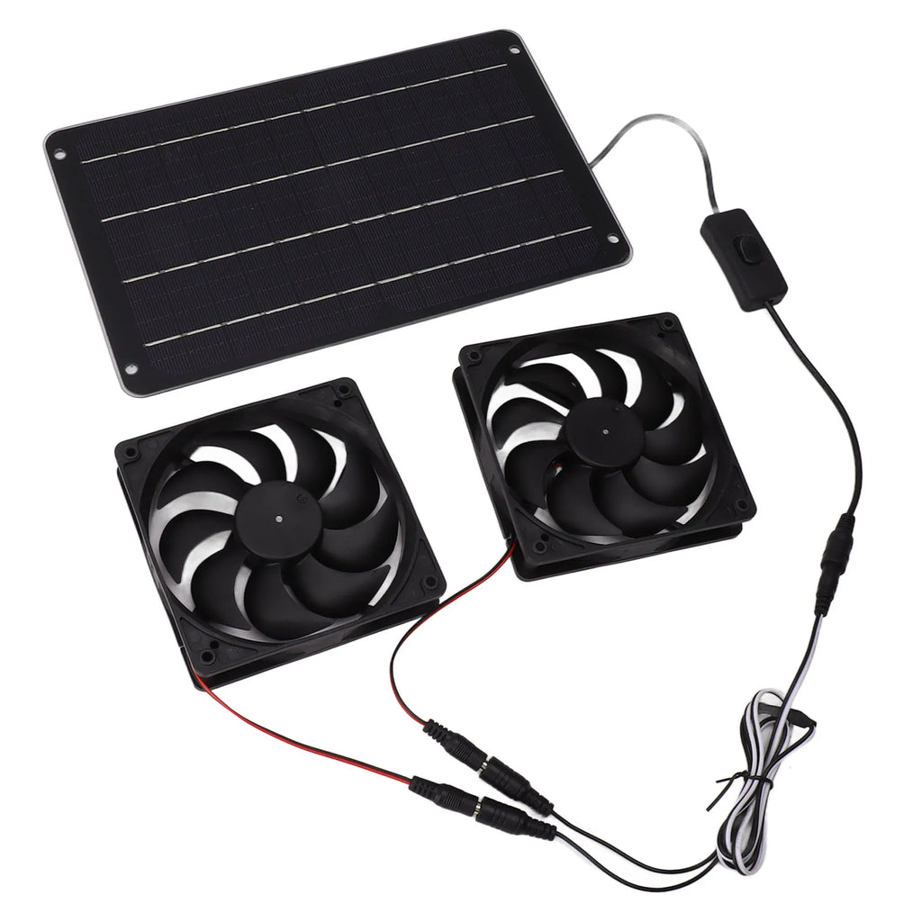 20W solar-powered dual fan kit with switch for cooling pet houses, RVs, and greenhouses efficiently.