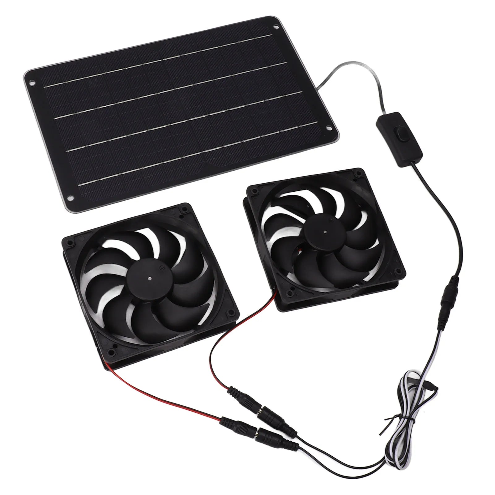 20W solar-powered dual fan kit with switch for cooling pet houses, RVs, and greenhouses efficiently.