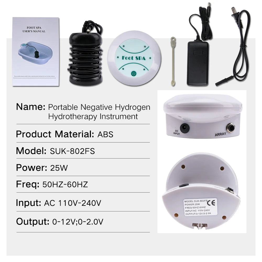 Ionic detox foot bath spa machine set with array, power adapter, and manual for home hydrotherapy, white and black.