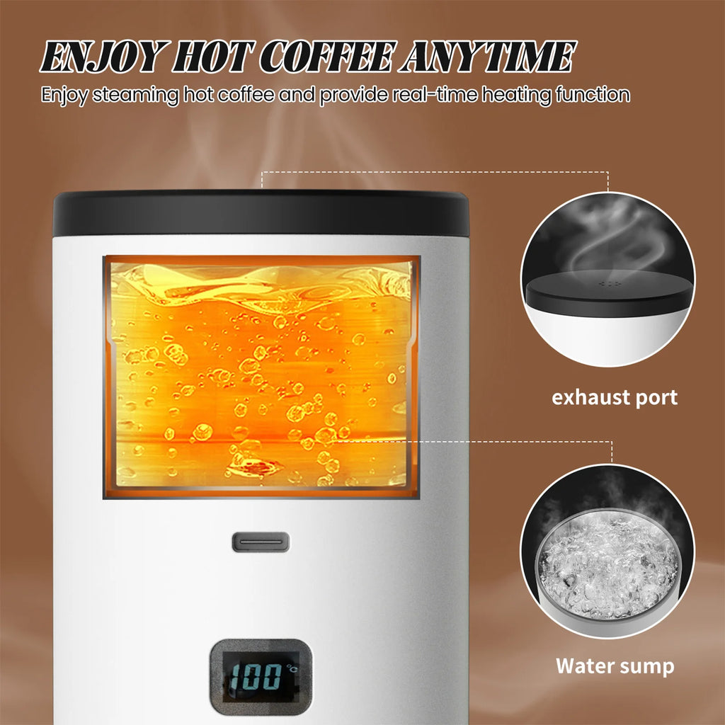 Portable electric coffee heater with digital temperature display, white finish, exhaust port, and internal water sump.