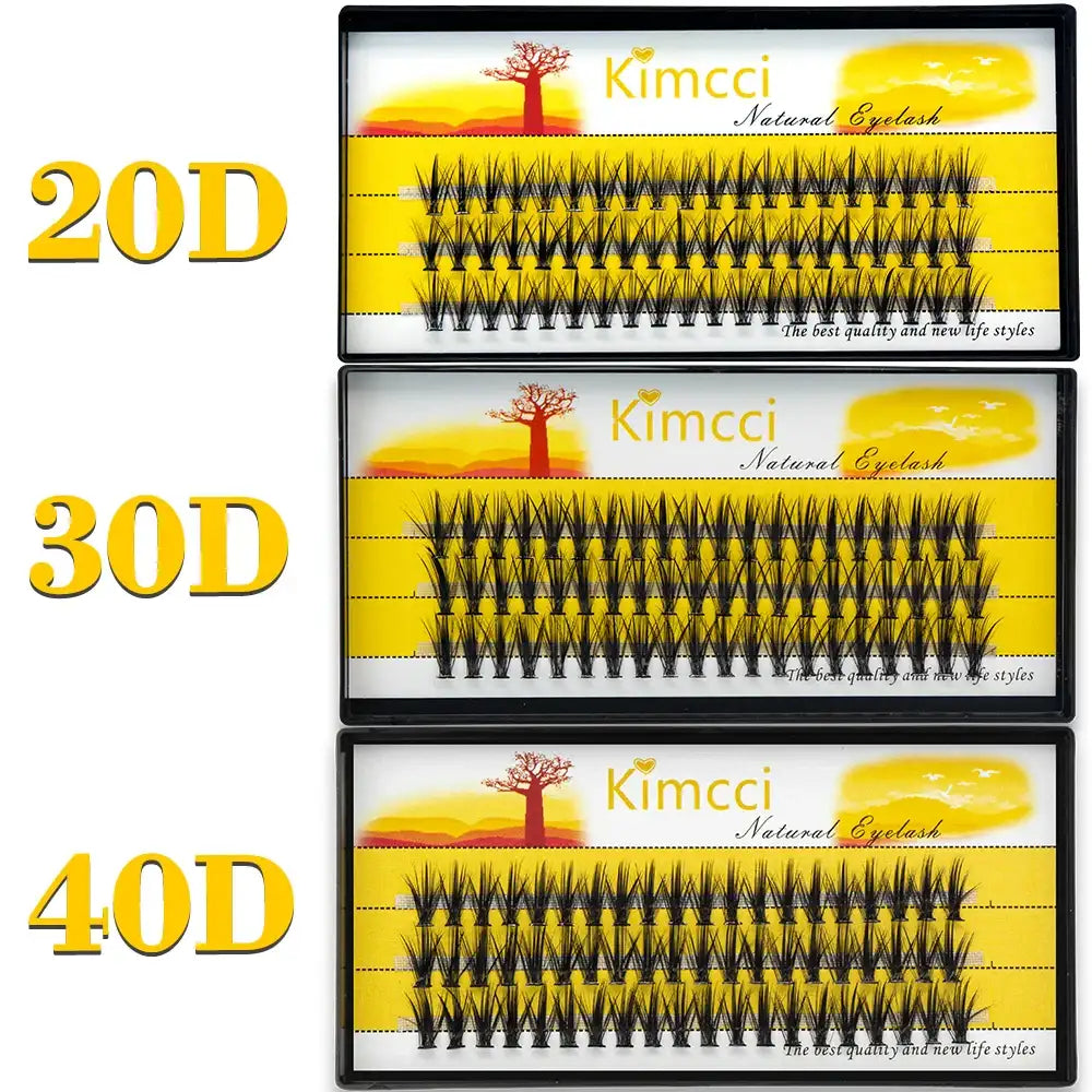 Three trays of black individual mink eyelash clusters (20D, 30D, 40D) in natural 3D Russian volume styles.