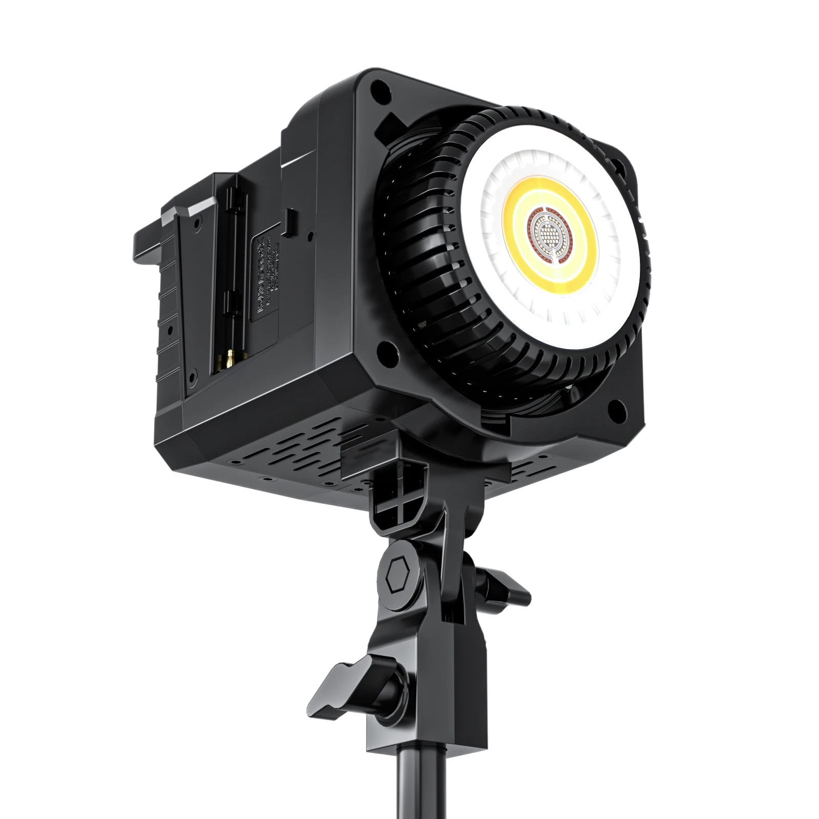 Black LED COB studio light with a circular lens on an adjustable tripod mount for photography and video lighting.