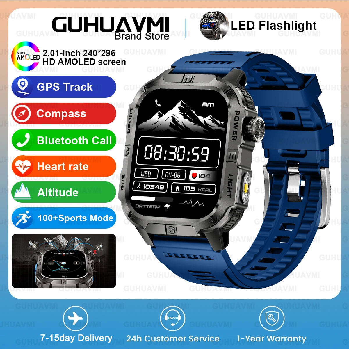 2026New Outdoor Military Men's Smartwatch, Equipped With GPS LED Lighting, Compass, Wireless Communication IP68 Waterproof Watch