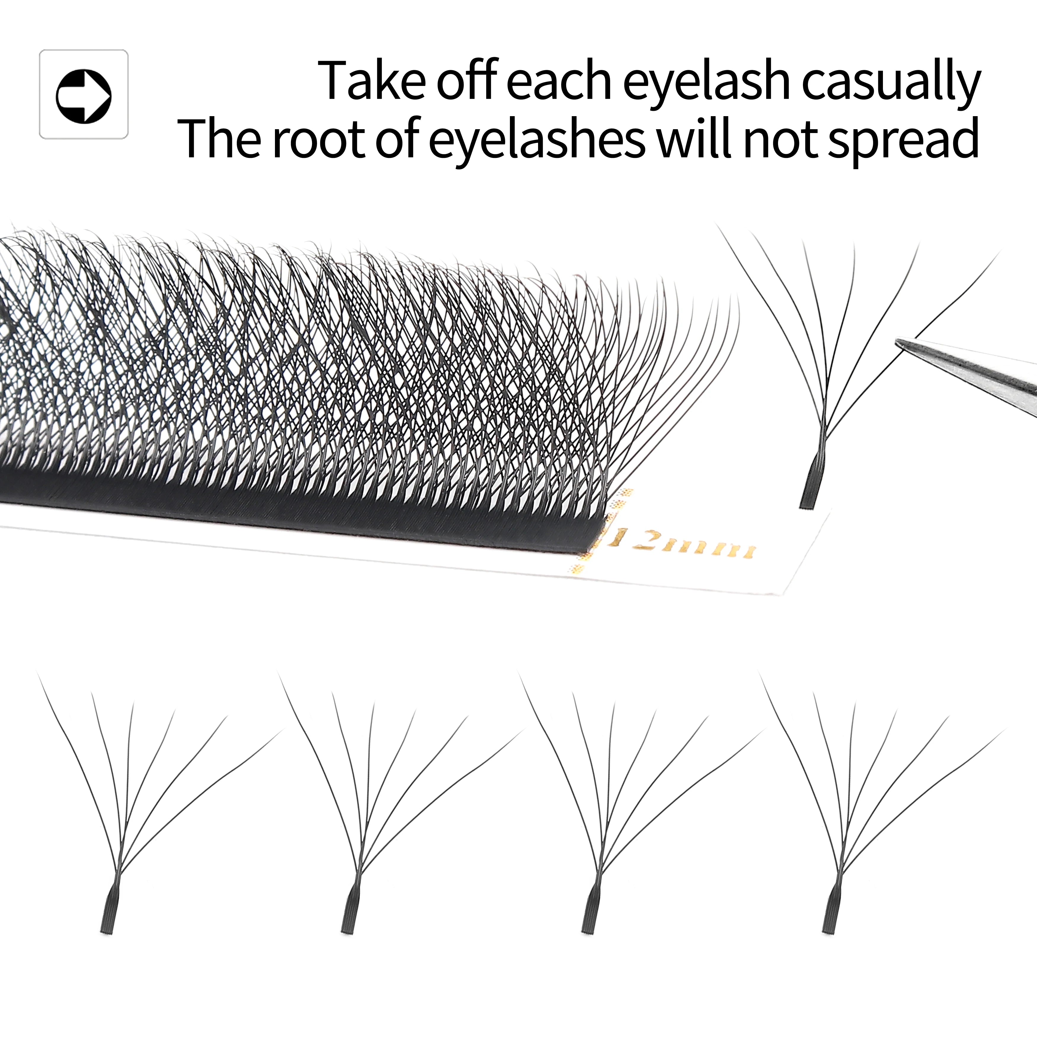 Black 12mm eyelash extension fans on a strip, designed for easy removal and volume application.
