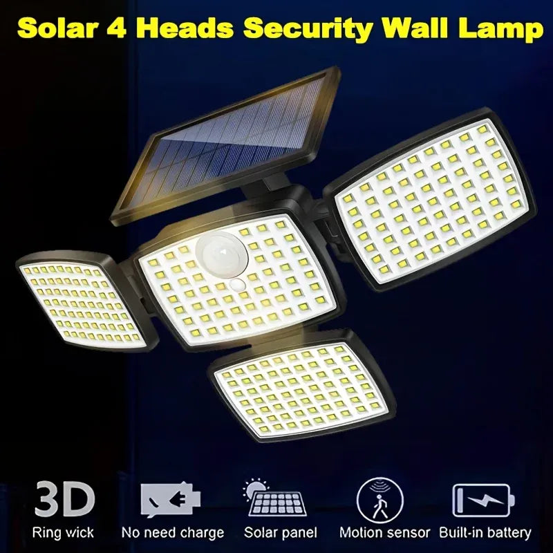 Solar 4-head security wall lamp with motion sensor and bright LED panel clusters