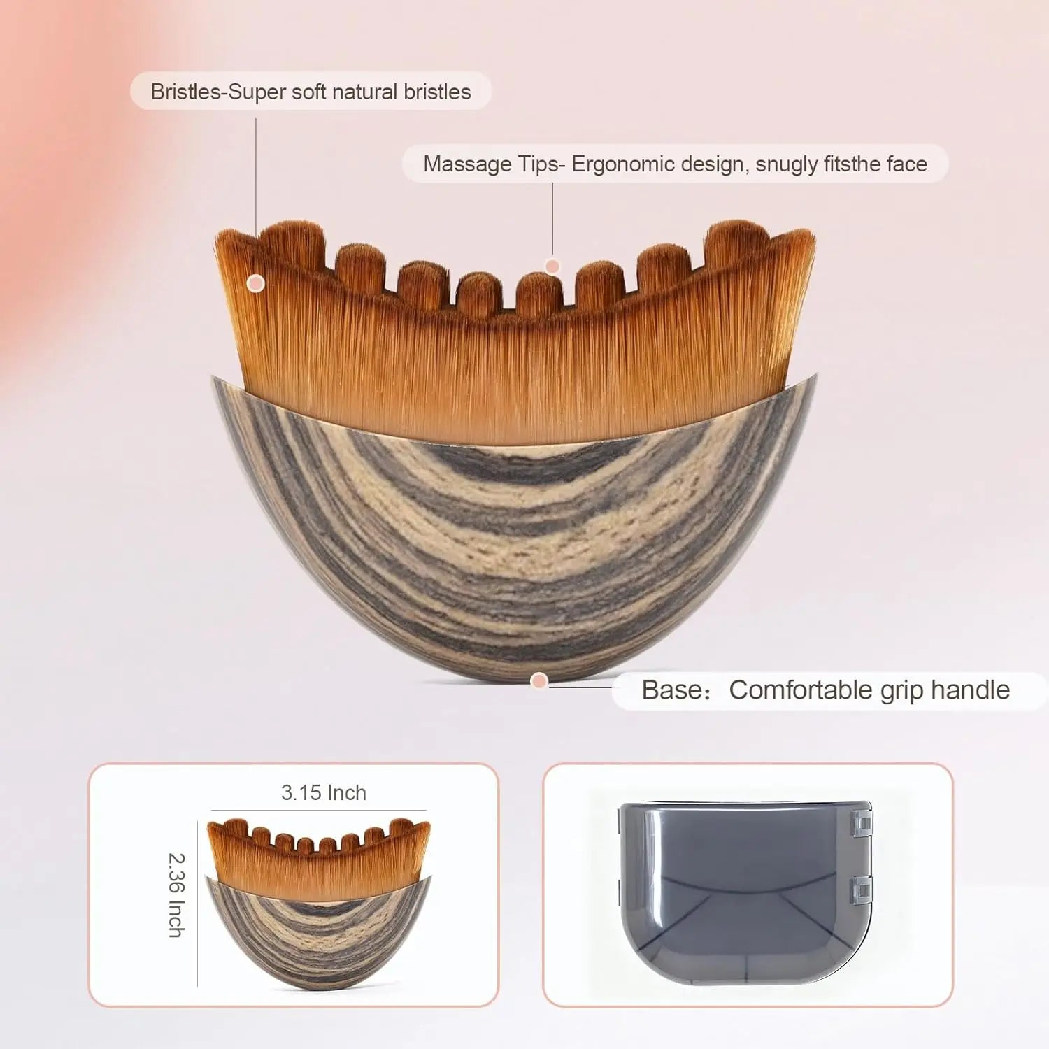 Ergonomic facial contour brush with brown soft bristles and a faux wood handle, shown with dimensions and a case.