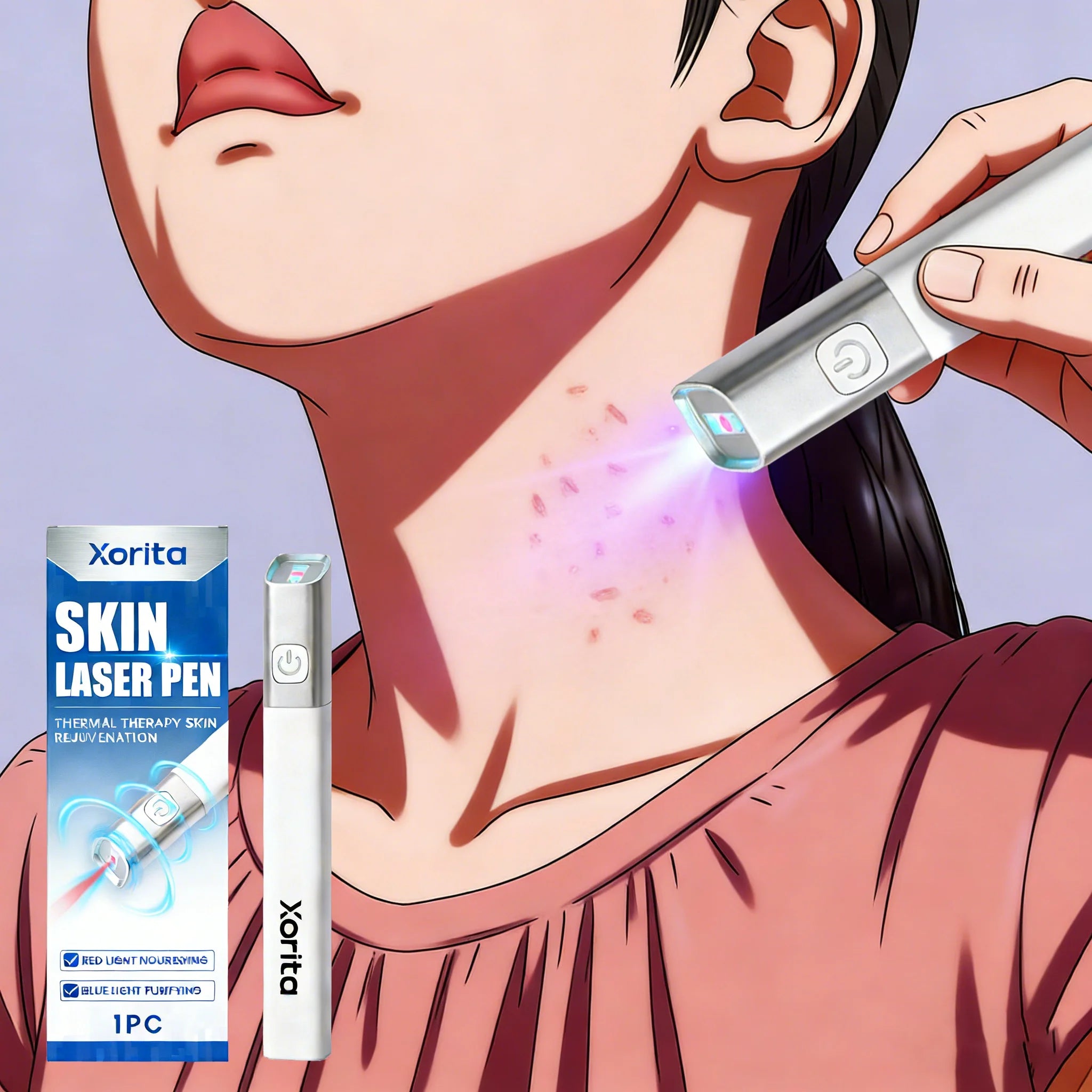 Xorita laser plasma pen removing skin tags and spots with blue light therapy on neck, handheld white beauty device.