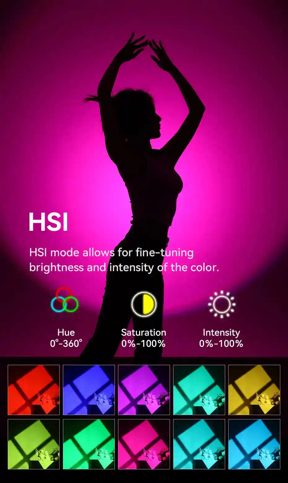 HSI LED light panels with adjustable hue, saturation, and intensity, shown in various colors.