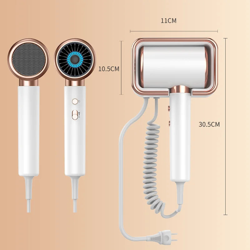 HOMEFISH white and rose gold wall-mounted hairdryer with dimensions, coiled cord, and modern design for hotel bathrooms.
