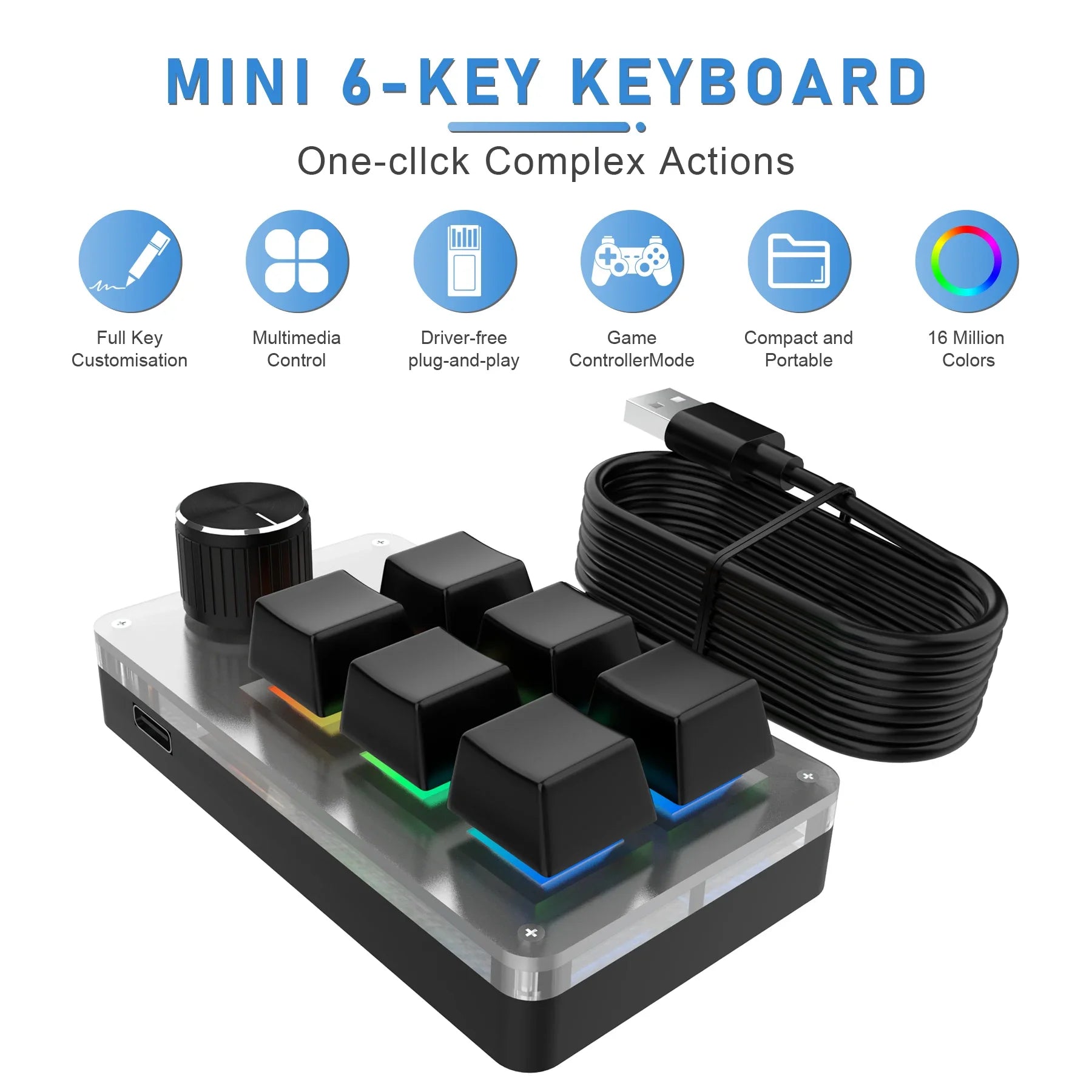 6 Keys 1 Mini Knob RGB Keyboard for Photoshop USB Mechanical Keyboard Gamer Macro Custom Keyboard Gaming Custom Programming Knob
