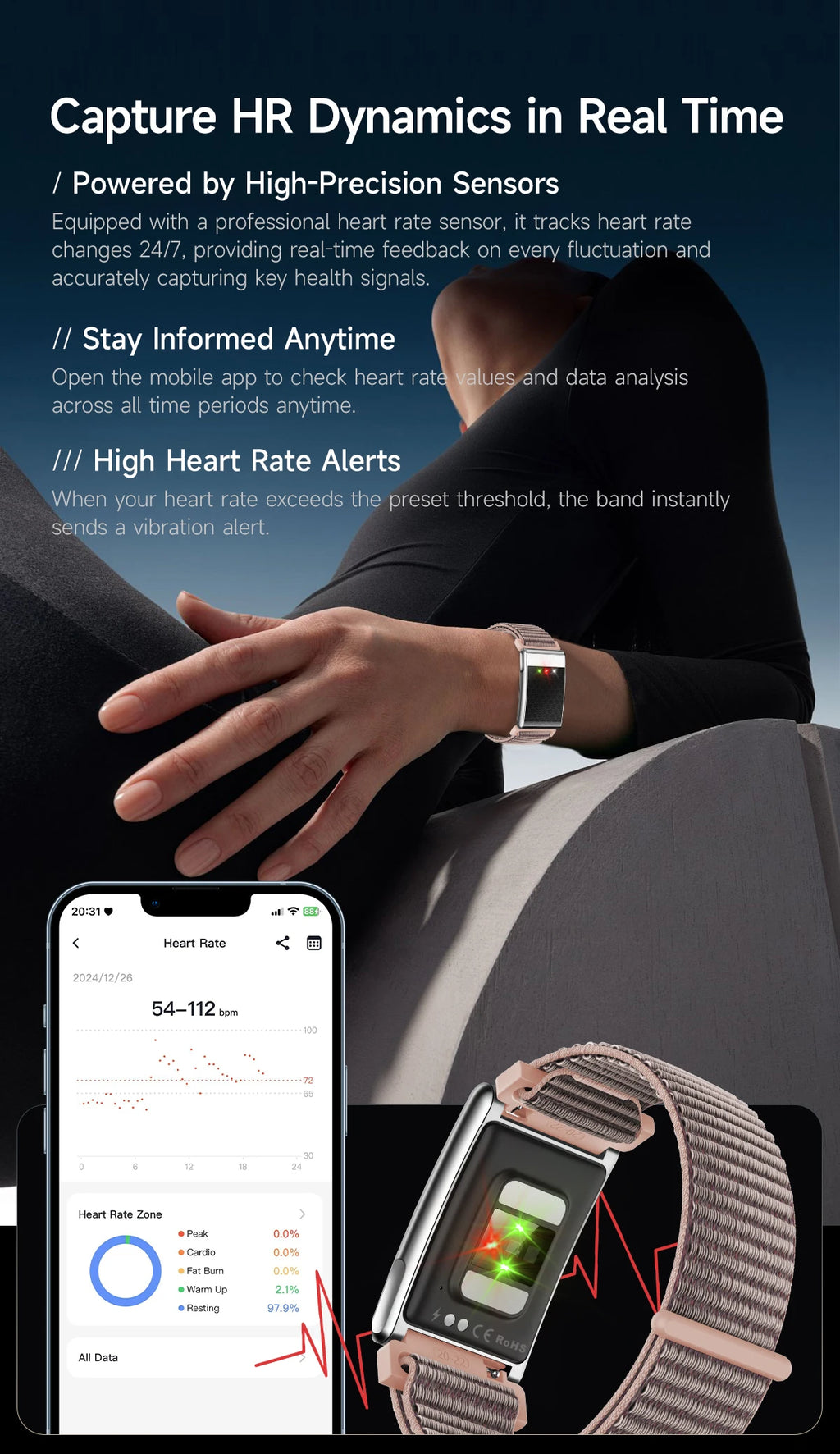 Best E900 Screenless Smart Bracelet for Women  IP68 Waterproof Heart Rate Sleep Health Monitoring Menstrual Tracking Smartwatch