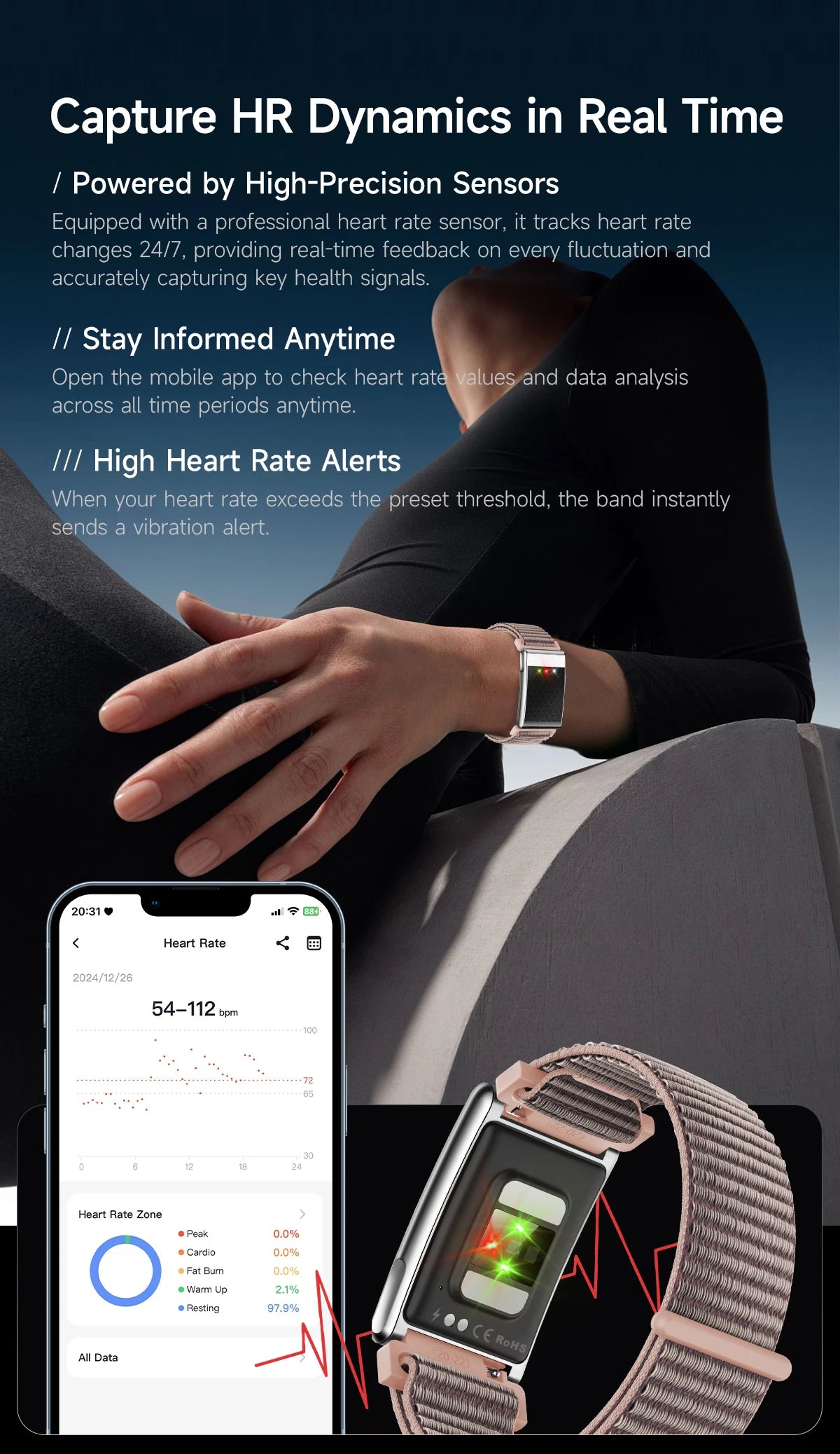 Best E900 Screenless Smart Bracelet for Women  IP68 Waterproof Heart Rate Sleep Health Monitoring Menstrual Tracking Smartwatch
