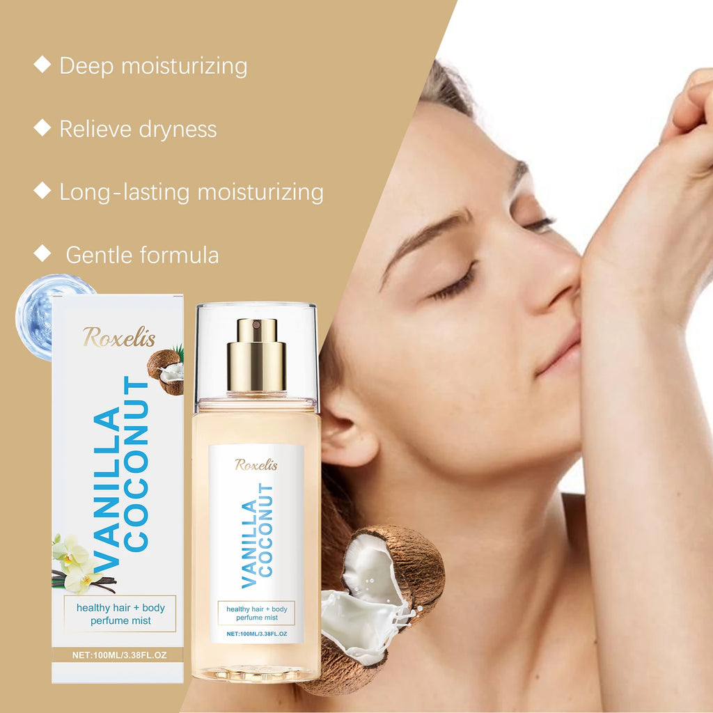 Roxelis Vanilla Coconut body mist: travel-friendly 100ml spray with vanilla and coconut notes for hair and body.