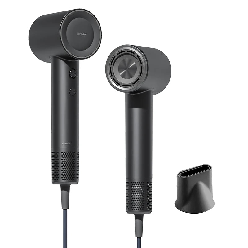 DOCO high-speed negative ion hair dryer in matte black with sleek design and magnetic concentrator nozzle attachment.