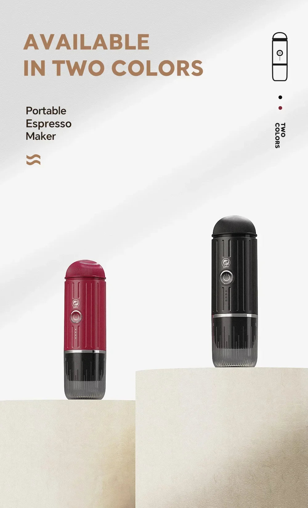Two portable espresso makers in maroon and black, cylindrical design with power button and transparent base.