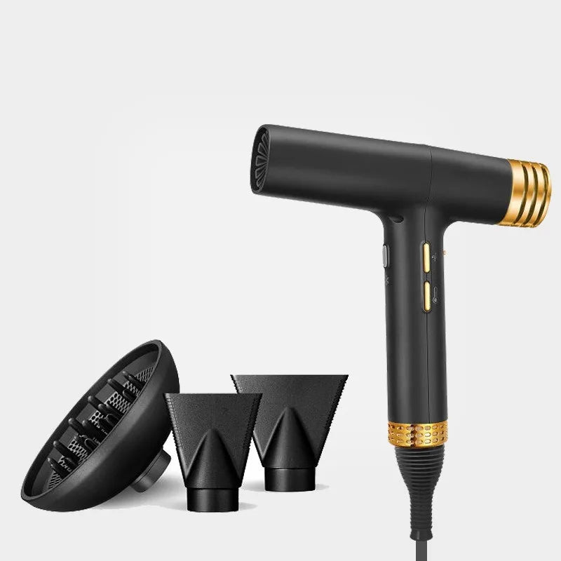 Black and gold 11000 RPM ionic hair dryer with diffuser and concentrator nozzles for fast, quiet salon drying.