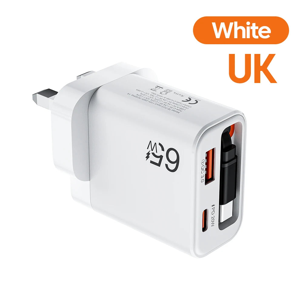 65W USB C Fast Charger with Retractable Cable - Tidesmit White UK Tidesmit